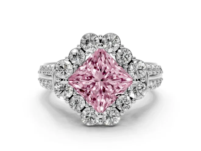 Princess Cut Large Accent Halo Engagement Ring Setting for a Fancy Pink Lab-Grown Diamond | Graduated Pavé | White Gold