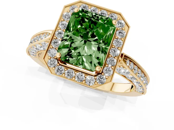 Fancy Green Radiant Cut Diamond Halo Engagement Ring Set in Yellow gold with Accent Split Shank Band – second view