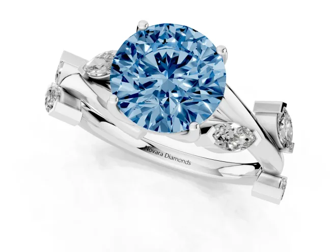 Fancy Blue Round Cut Diamond Solitaire Ring Set in White gold with Twisted Marquise Accent Band – second view