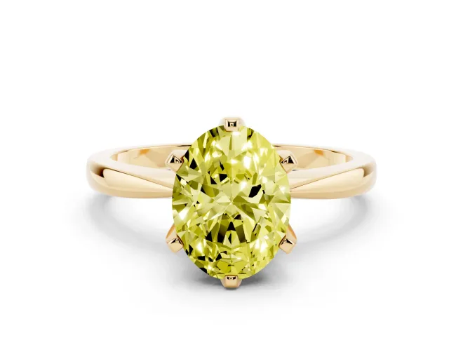 Fancy Yellow Oval Cut Diamond Solitaire Engagement Ring Set in Yellow gold with Slim Tapered Solitaire Band
