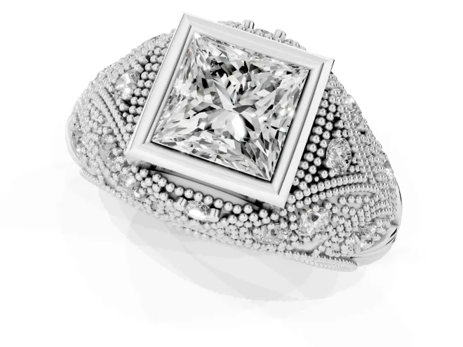 Princess Cut Vintage Bezel Engagement Ring Setting | Beaded Paisley Shoulders | White Gold – second view