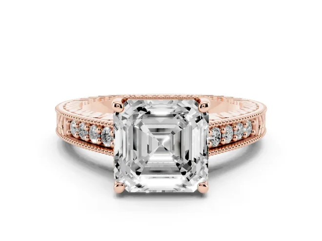 Asscher Cut Vintage Engraved Solitaire Engagement Ring Setting | Milgrain Pavé | Rose Gold