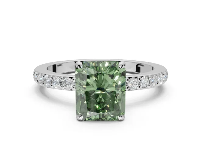 Radiant Cut Hidden Halo Engagement Ring Setting for a Fancy Green Lab-Grown Diamond | Pavé Band | Platinum