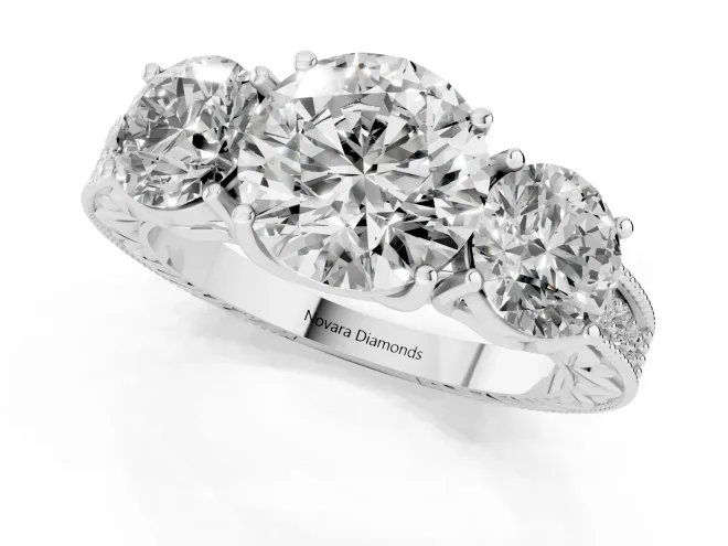 Round Cut Diamond Three-Stone Engagement Ring Set in White gold with Milgrain Pavé Band – second view