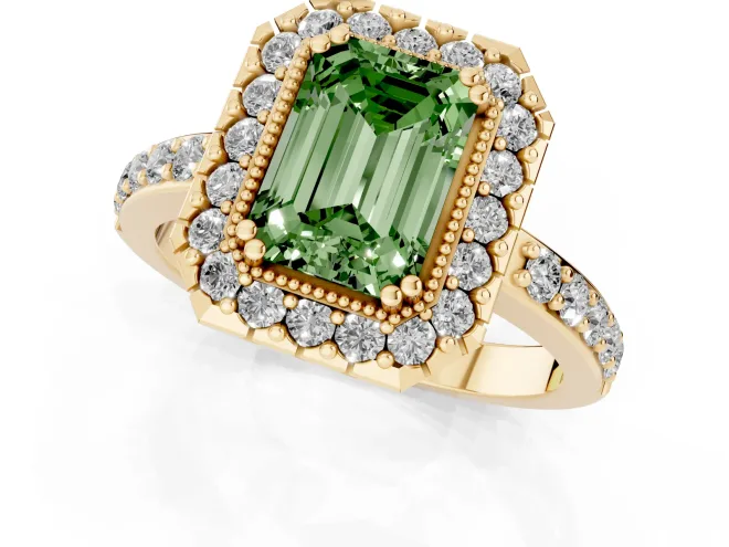 Fancy Green Emerald Cut Diamond Halo Ring Set in Yellow gold with Pavé Shank and Prong Setting – second view