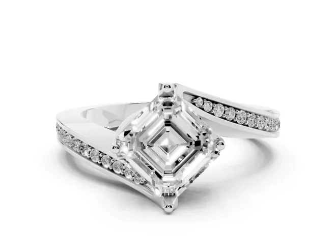 Asscher Cut Diamond Solitaire Ring Set in White gold with Intertwined Pavé Twist Band