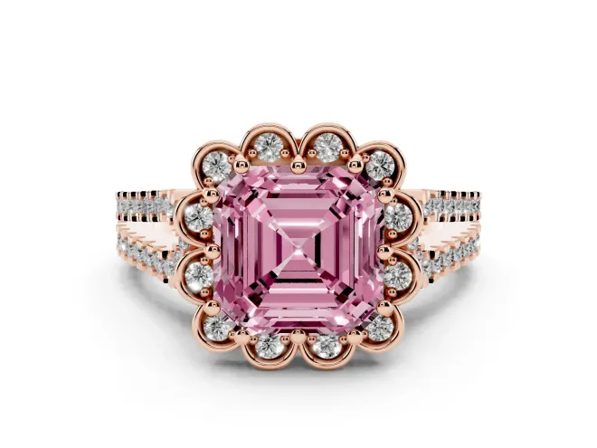 Asscher Cut Floral Halo Engagement Ring Setting for a Fancy Pink Lab-Grown Diamond | Pavé Split Shank | Rose Gold