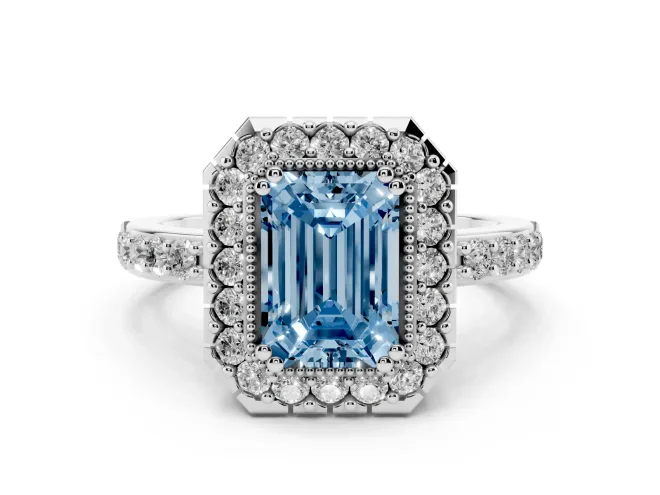 Fancy Blue Emerald Cut Diamond Halo Ring Set in Platinum with Pavé Shank and Prong Setting