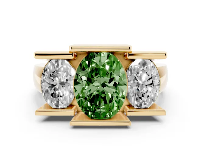 Fancy Green Oval Cut Diamond Three-Stone Channel Set Ring Set in Yellow gold with Smooth Polished Band