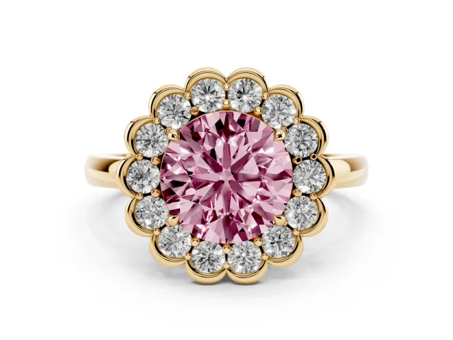 Round Scalloped Cluster Halo Engagement Ring Setting for a Fancy Pink Lab-Grown Diamond | Plain Band | Yellow Gold