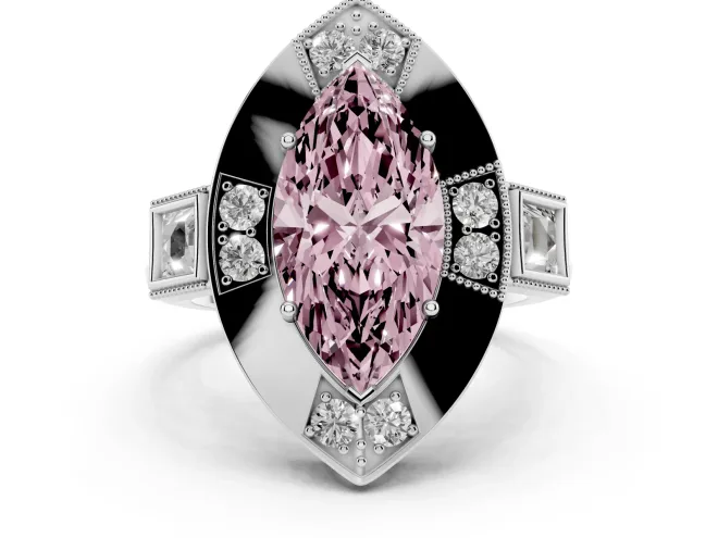 Fancy Pink Marquise Cut Diamond Milgrain Halo Ring Set in White gold with Split Shank