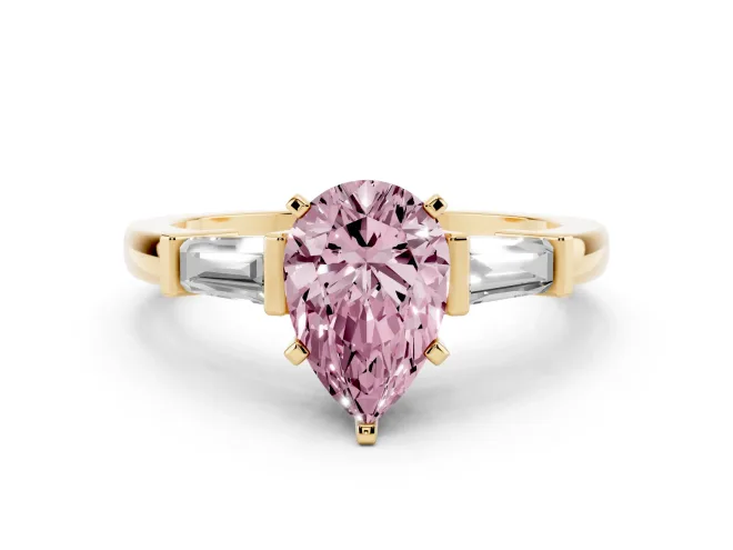 Pear-Shaped Three-Stone Engagement Ring Setting for a Fancy Pink Lab-Grown Diamond | Tapered Baguettes | Yellow Gold