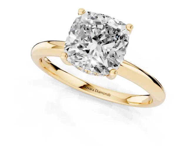 Cushion Cut Diamond Solitaire Engagement Ring Set in Yellow gold with Prong Setting and Polished Band – second view