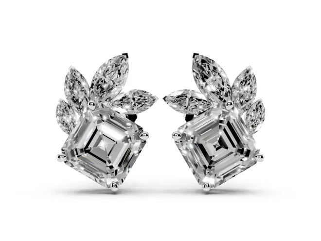 Asscher and Marquise Lab-Grown Diamond Cluster Stud Earrings | Marquise Leaf Spray | White Gold