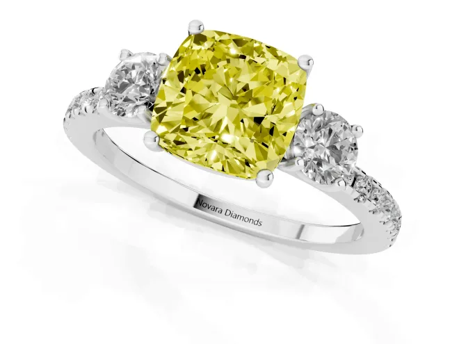 Cushion Cut Three Stone Engagement Ring Setting for a Fancy Yellow Lab-Grown Diamond | Pave Shoulders | Sterling Silver – second view