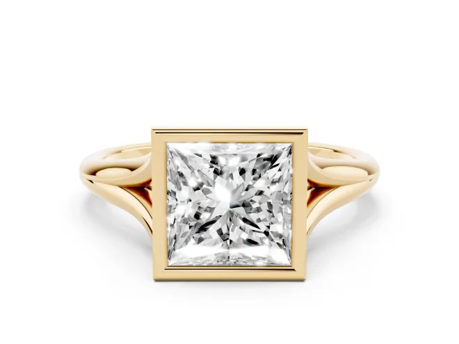 Princess Cut Bezel Solitaire Engagement Ring Setting | V Split Shank | Yellow Gold