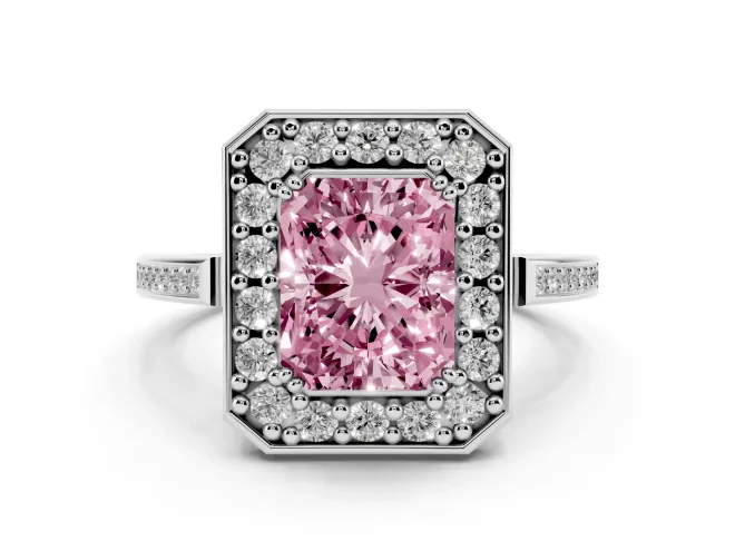 Fancy Pink Radiant Cut Diamond Halo Ring Set in Platinum with Accent-Lined Split Shank and Prong Setting