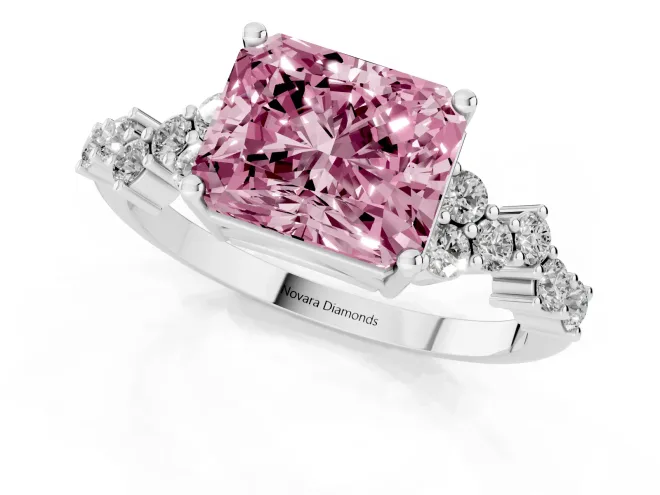Fancy Pink Radiant Cut Diamond Ring Set in White gold with Scattered Round Accents – second view