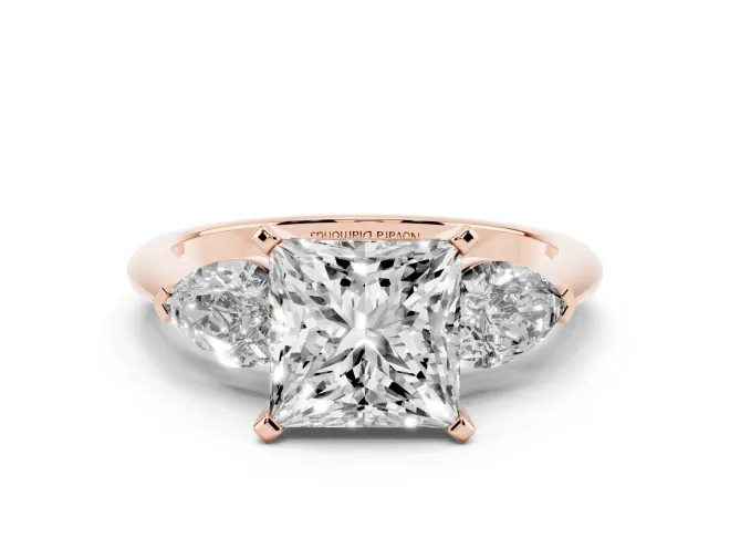 Princess Cut Three-Stone Engagement Ring Setting | Pear Side Stones | Rose Gold
