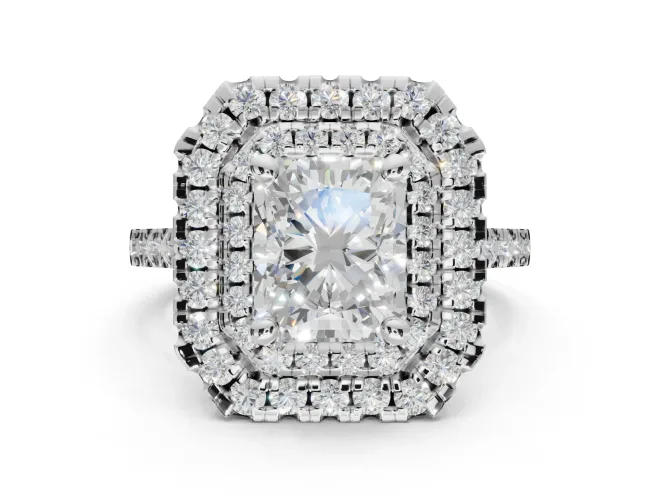 Radiant Cut Double Halo Engagement Ring Setting | Pavé Shoulders | White Gold