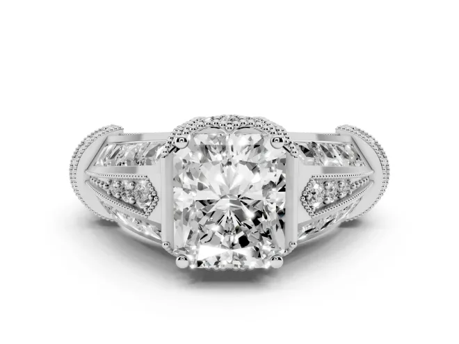 Radiant Cut Vintage Milgrain Hidden Halo Engagement Ring Setting | Channel-Set Shoulders | Platinum