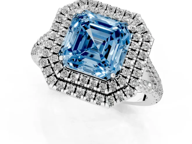 Fancy Blue Asscher Cut Diamond Double Halo Ring Set in Platinum with Pavé Band – second view