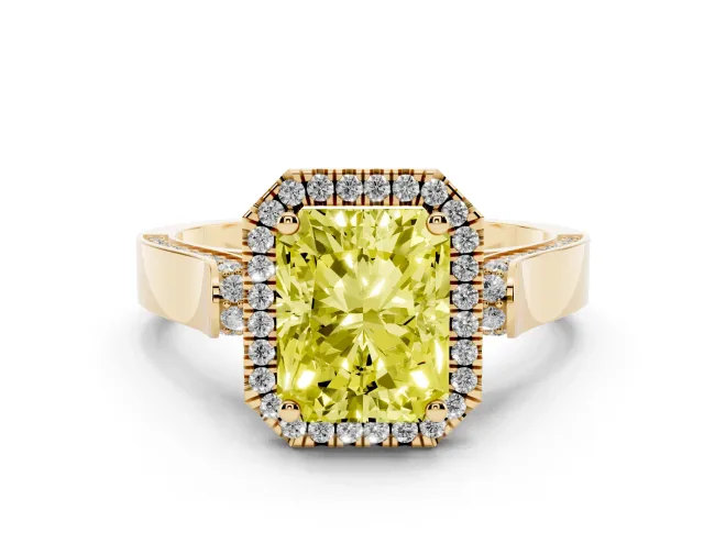 Radiant Cut Halo Engagement Ring Setting for a Fancy Yellow Lab-Grown Diamond | Pavé Panel Shoulders | Yellow Gold