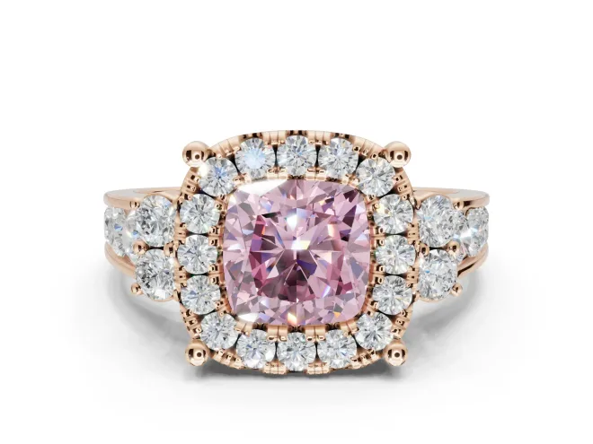 Cushion Cut Halo Engagement Ring Setting for a Fancy Pink Lab-Grown Diamond | Graduated Channel Band | Rose Gold