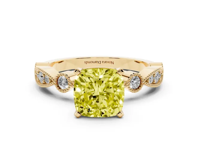Fancy Yellow Cushion Cut Diamond Solitaire Engagement Ring Set in Yellow gold with Milgrain Bezel Accent Band