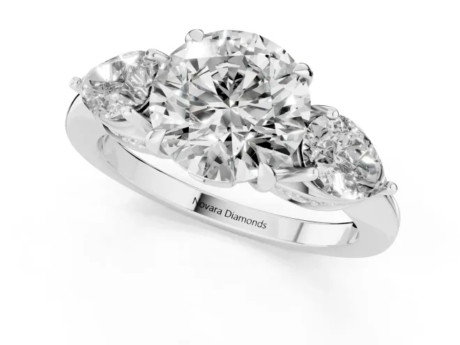Round Three Stone Engagement Ring Setting | Pear Side Stones | Sterling Silver – second view