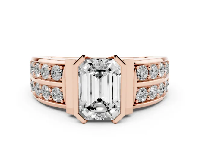 Emerald Cut Diamond Wide Channel Set Band Ring Set in Rose gold with Bezel Setting
