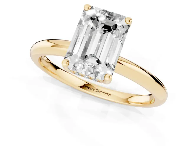 Emerald Cut Diamond Solitaire Engagement Ring Set in Yellow gold with Prong Setting and Polished Band – second view