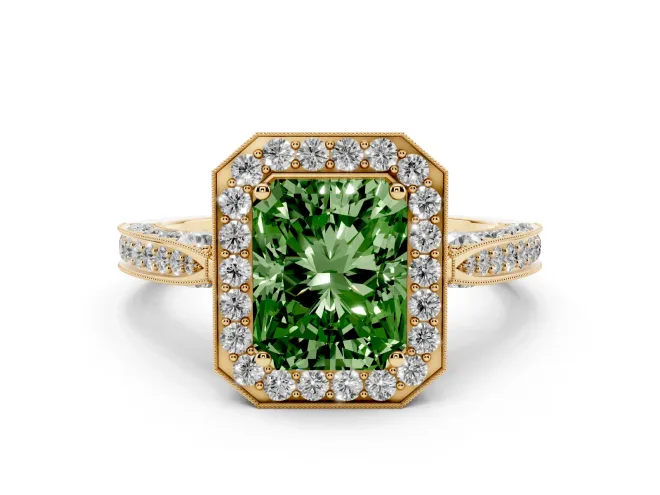 Fancy Green Radiant Cut Diamond Halo Engagement Ring Set in Yellow gold with Accent Split Shank Band