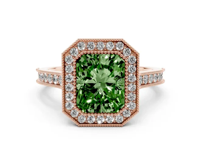 Radiant Cut Vintage Milgrain Halo Engagement Ring Setting for a Fancy Green Lab-Grown Diamond | Bezel Head | Rose Gold