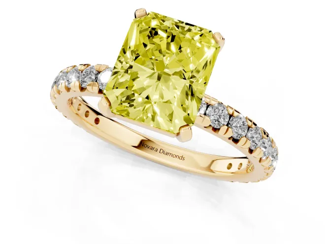 Fancy Yellow Radiant Cut Diamond Pavé Solitaire Ring Set in Yellow gold with Round Band and Prong Setting – second view