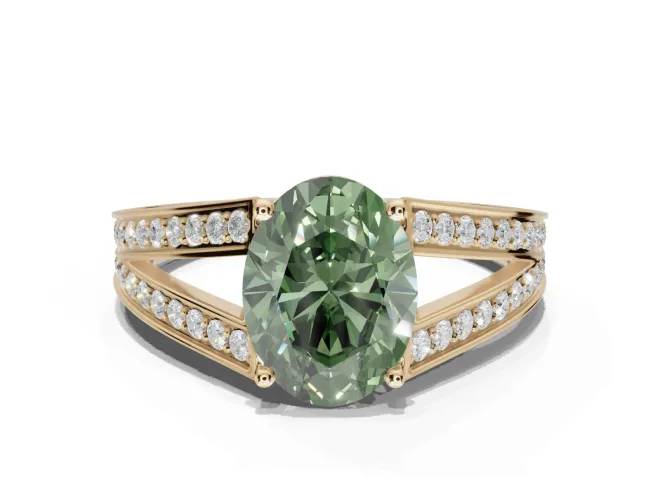 Oval Split Shank Pavé Engagement Ring Setting for a Fancy Green Lab-Grown Diamond | Yellow Gold