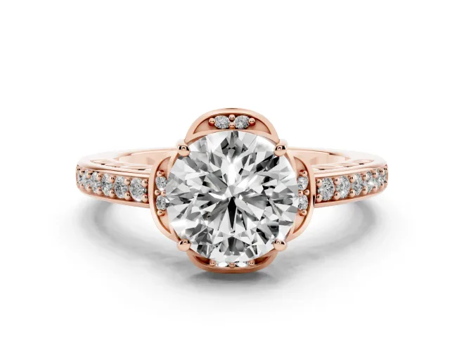 Round Floral Pavé Engagement Ring Setting | Petal Accents | Rose Gold