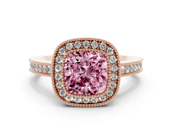 Cushion Cut Milgrain Halo Engagement Ring Setting for a Fancy Pink Lab-Grown Diamond | Rose Gold