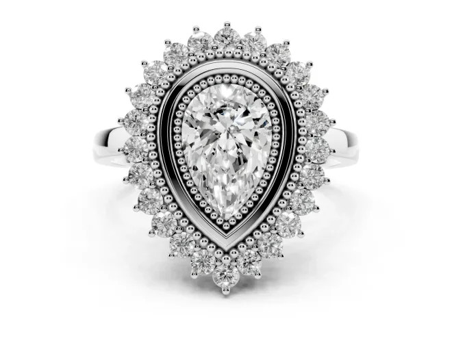 Pear Cut Diamond Halo Ring Set in White gold with Milgrain Edge and Round Prong Setting