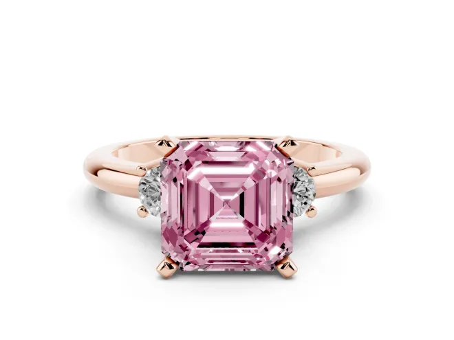 Asscher Cut Three Stone Engagement Ring Setting for a Fancy Pink Lab-Grown Diamond | Round Side Stones | Rose Gold