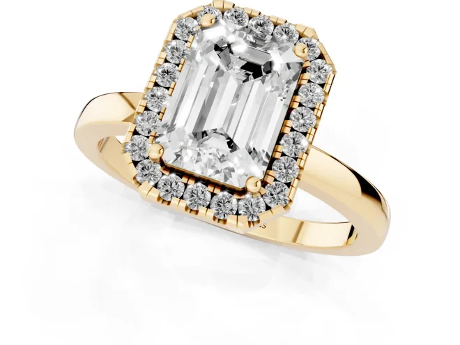 Emerald Cut Diamond Halo Solitaire Ring Set in Yellow gold with Pavé Band and Prong Setting – second view