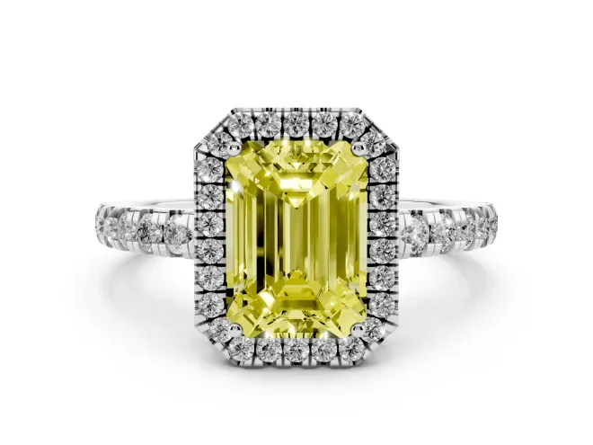 Emerald Cut Halo Engagement Ring Setting for a Fancy Yellow Lab-Grown Diamond | Graduated Pavé Band | White Gold