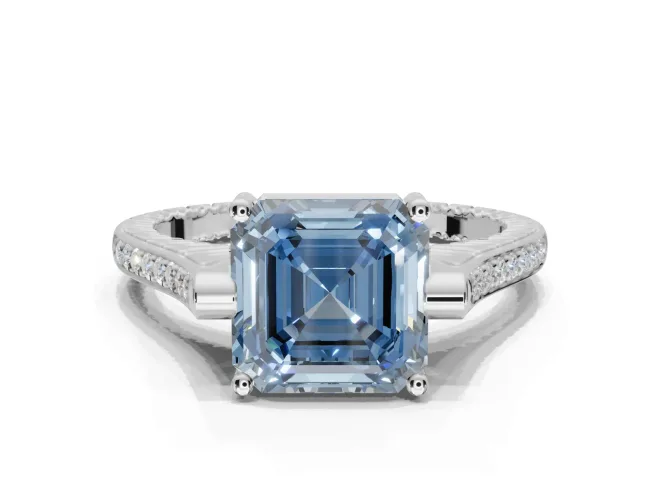 Asscher Cut Vintage Cathedral Engagement Ring Setting for a Fancy Blue Lab-Grown Diamond | Carved Band | Sterling Silver