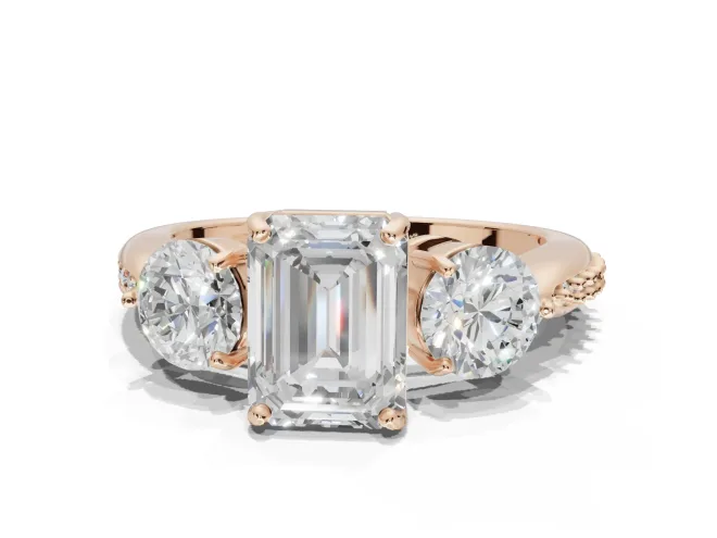 Emerald Cut Three Stone Engagement Ring Setting | Tapered Pavé Band | Rose Gold