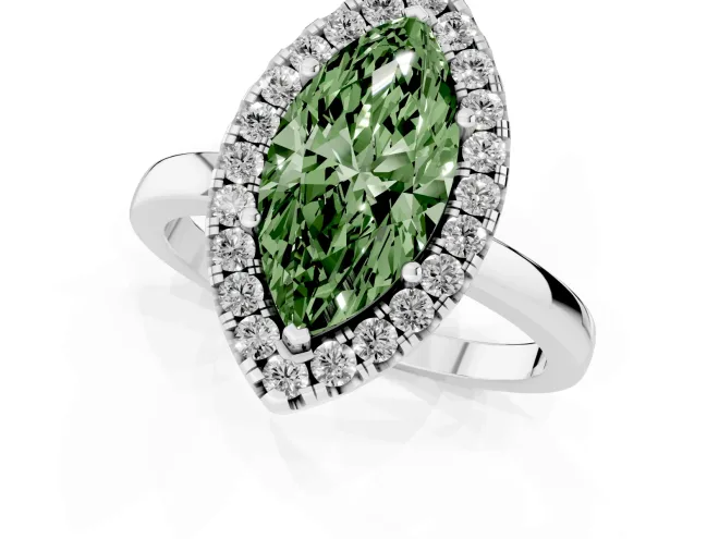 Fancy Green Marquise Cut Diamond Halo Solitaire Ring Set in Platinum with Pavé Band and Prong Setting – second view