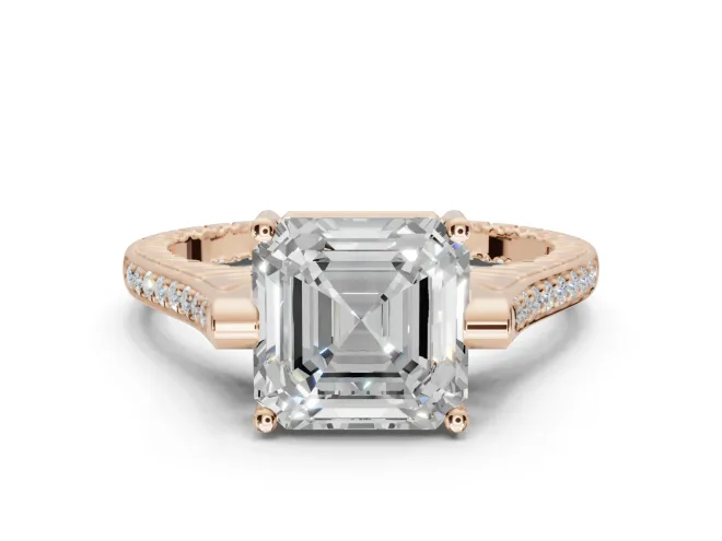 Asscher Cut Vintage Cathedral Engagement Ring Setting | Carved Band | Rose Gold