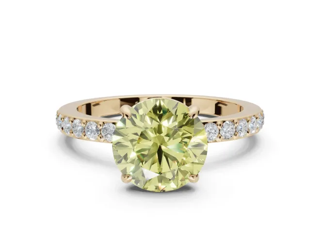 Round Hidden Halo Engagement Ring Setting for a Fancy Yellow Lab-Grown Diamond | Pavé Band | Yellow Gold