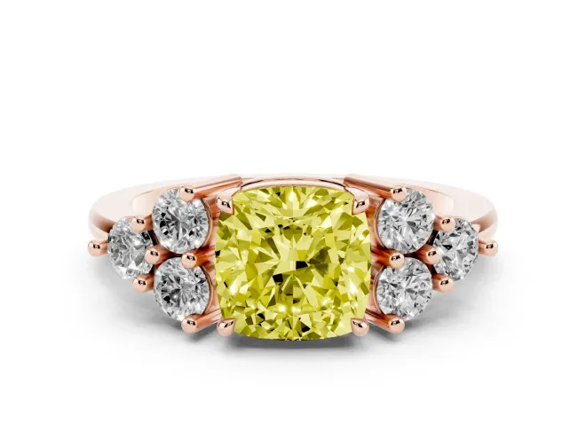 Fancy Yellow Cushion Cut Diamond Solitaire Ring Set in Rose gold with Cluster Accents on Each Side