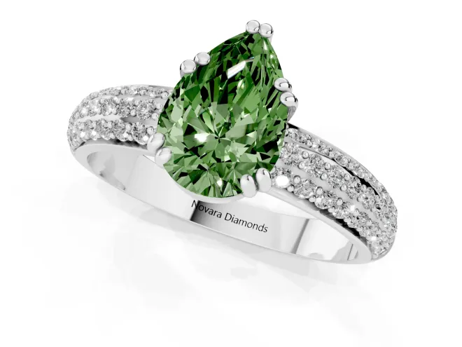 Fancy Green Pear Cut Diamond Solitaire Ring Set in Platinum with Multi-Row Round Pavé Band and Prong Setting – second view