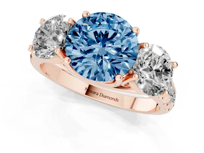 Fancy Blue Round Cut Diamond Three-Stone Ring Set in Rose gold with Pavé Band – second view